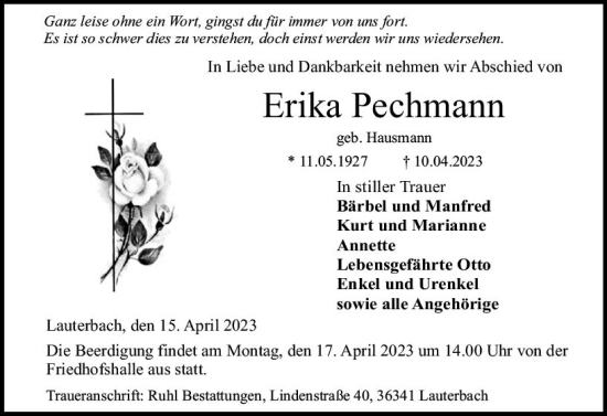 Traueranzeige von Erika Pechmann von VRM Trauer