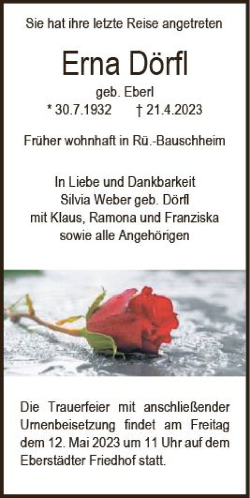 Traueranzeige von Erna Dörfl von Rüsselsheimer Echo