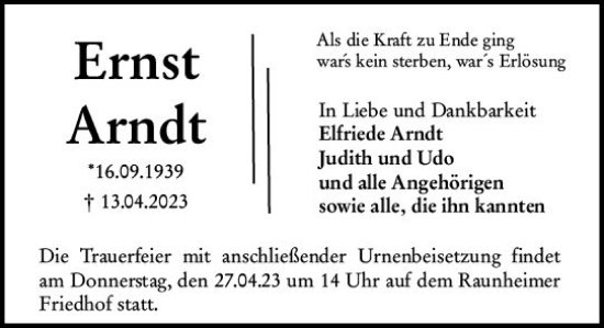 Traueranzeige von Ernst Arndt von Rüsselsheimer Echo