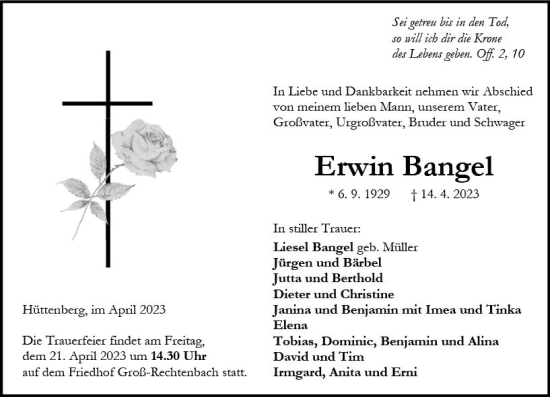 Traueranzeige von Erwin Bangel von Wetzlarer Neue Zeitung