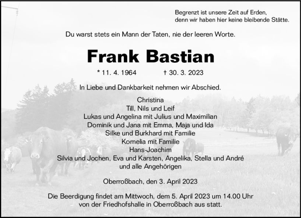  Traueranzeige für Frank Bastian vom 03.04.2023 aus Dill Block