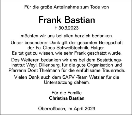 Traueranzeige von Frank Bastian von Dill Block