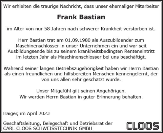 Traueranzeige von Frank Bastian von Dill Block