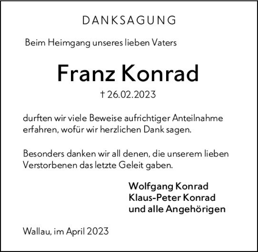  Traueranzeige für Franz Konrad vom 04.04.2023 aus Hinterländer Anzeiger