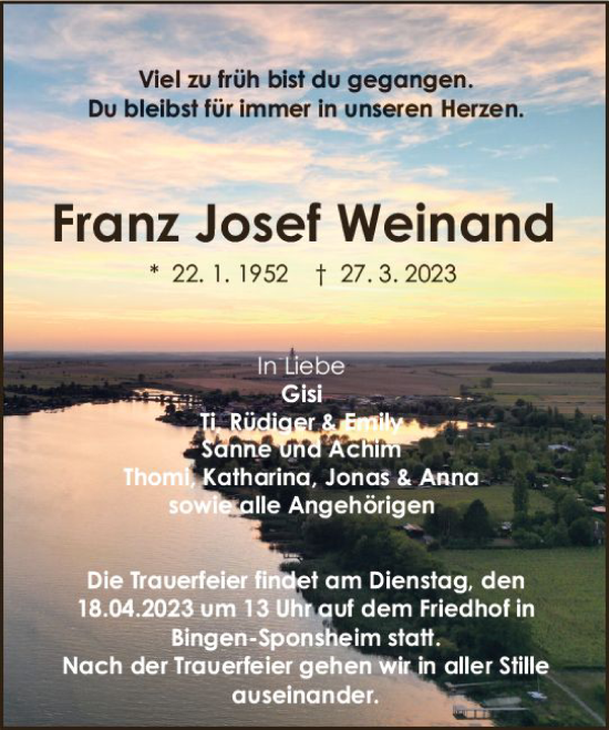 Traueranzeige von Franz Josef Weinand von Allgemeine Zeitung Bad Kreuznach