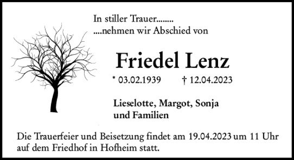  Traueranzeige für Friedel Lenz vom 15.04.2023 aus Starkenburger Echo