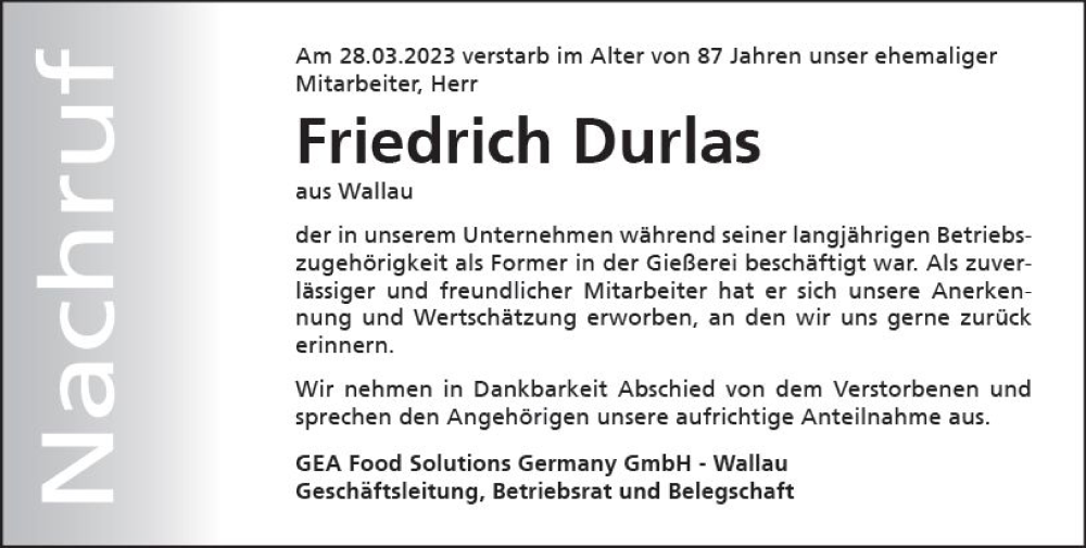  Traueranzeige für Friedrich Durlas vom 11.04.2023 aus Hinterländer Anzeiger