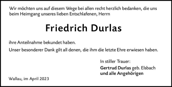 Traueranzeige von Friedrich Durlas von Hinterländer Anzeiger