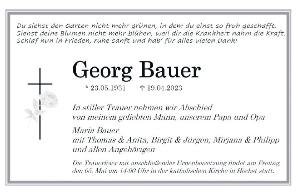  Traueranzeige für Georg Bauer vom 29.04.2023 aus Odenwälder Echo