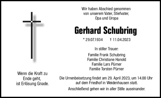 Traueranzeige von Gerhard Schubring von Hinterländer Anzeiger
