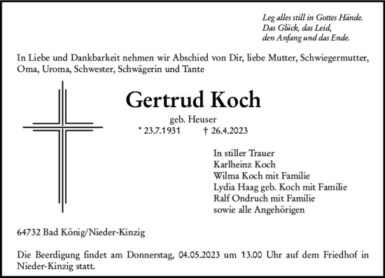 Traueranzeige von Gertrud Koch von Odenwälder Echo