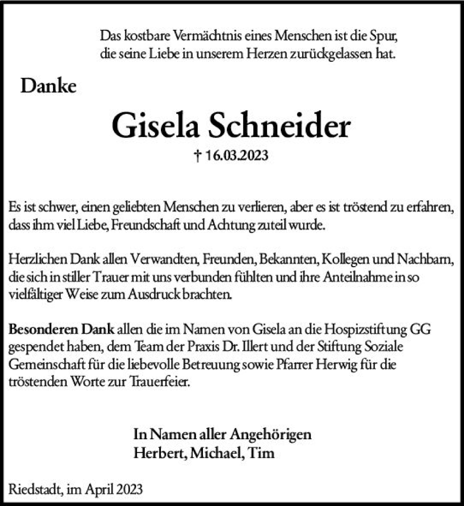  Traueranzeige für Gisela Schneider vom 15.04.2023 aus Odenwälder Echo