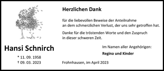 Traueranzeige von Hansi Schnirch von Dill Block