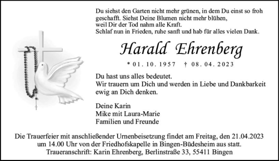 Traueranzeige von Harald Ehrenberg von Bingen/Ingelheim WOBL inkl. Neue Binger Ztg.