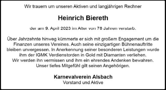 Traueranzeige von Heinrich Biereth von Darmstädter Echo