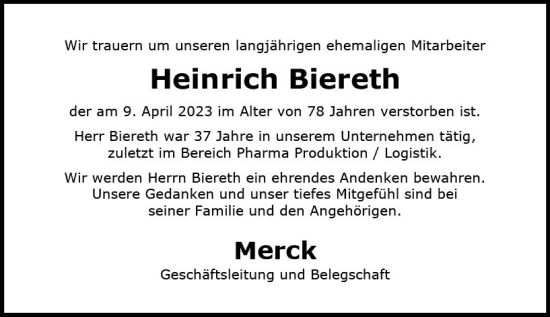 Traueranzeige von Heinrich Biereth von Darmstädter Echo