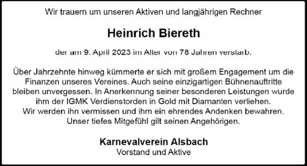  Traueranzeige für Heinrich Biereth vom 15.04.2023 aus Darmstädter Echo