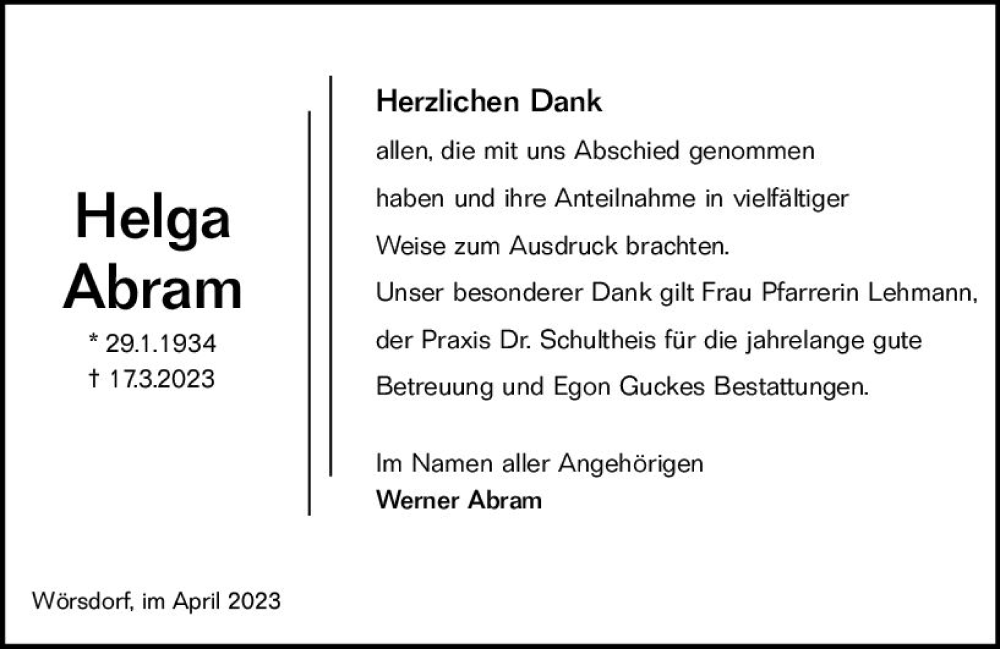 Traueranzeige für Helga Abram vom 22.04.2023 aus Idsteiner Land/Untertaunus