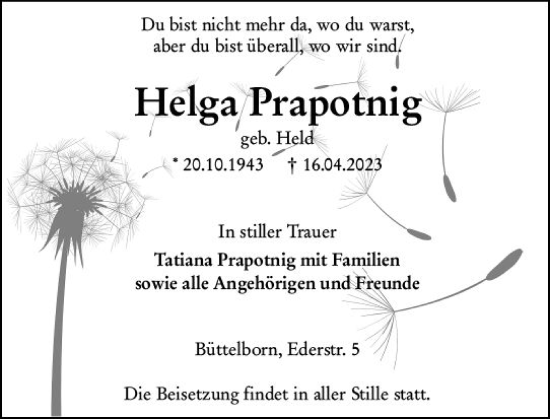 Traueranzeige von Helga Prapotnig von Groß-Gerauer Echo