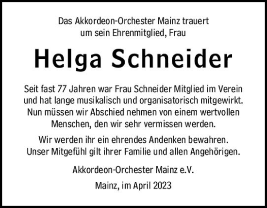 Traueranzeige von Helga Schneider von Allgemeine Zeitung Mainz