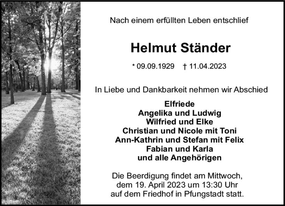  Traueranzeige für Helmut Ständer vom 15.04.2023 aus Darmstädter Echo