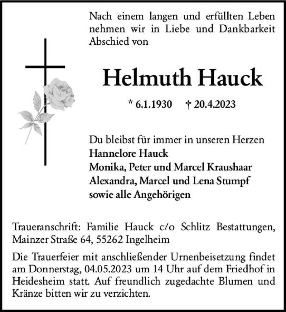  Traueranzeige für Helmuth Hauck vom 29.04.2023 aus Allgemeine Zeitung Mainz