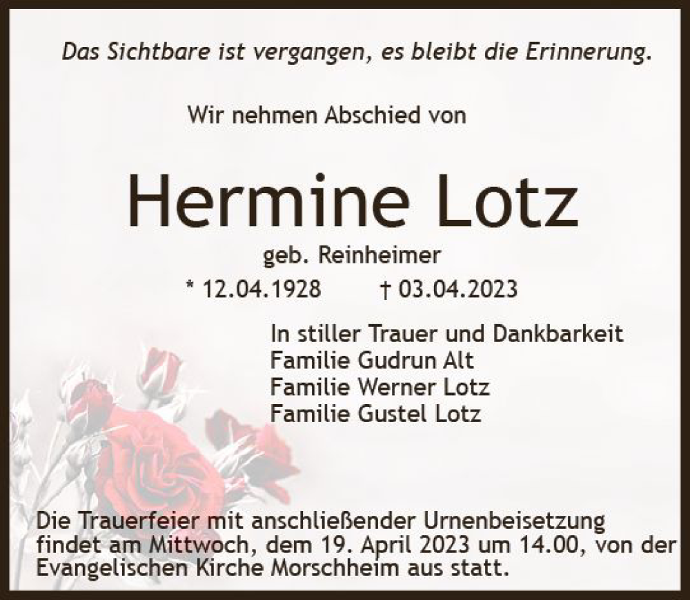  Traueranzeige für Hermine Latz vom 15.04.2023 aus Allgemeine Zeitung Alzey