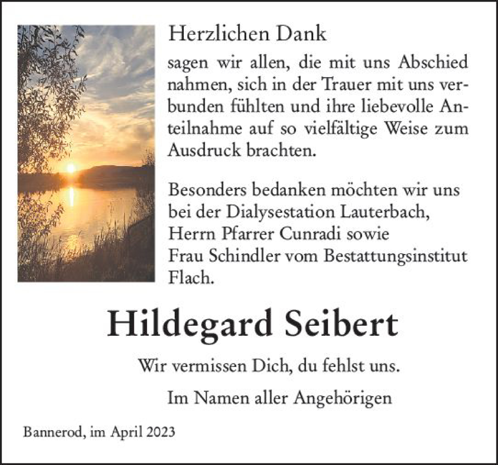  Traueranzeige für Hildegard Seibert vom 15.04.2023 aus Oberhessen Kurier
