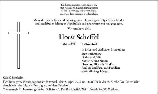 Traueranzeige von Horst Scheffel von Allgemeine Zeitung Alzey
