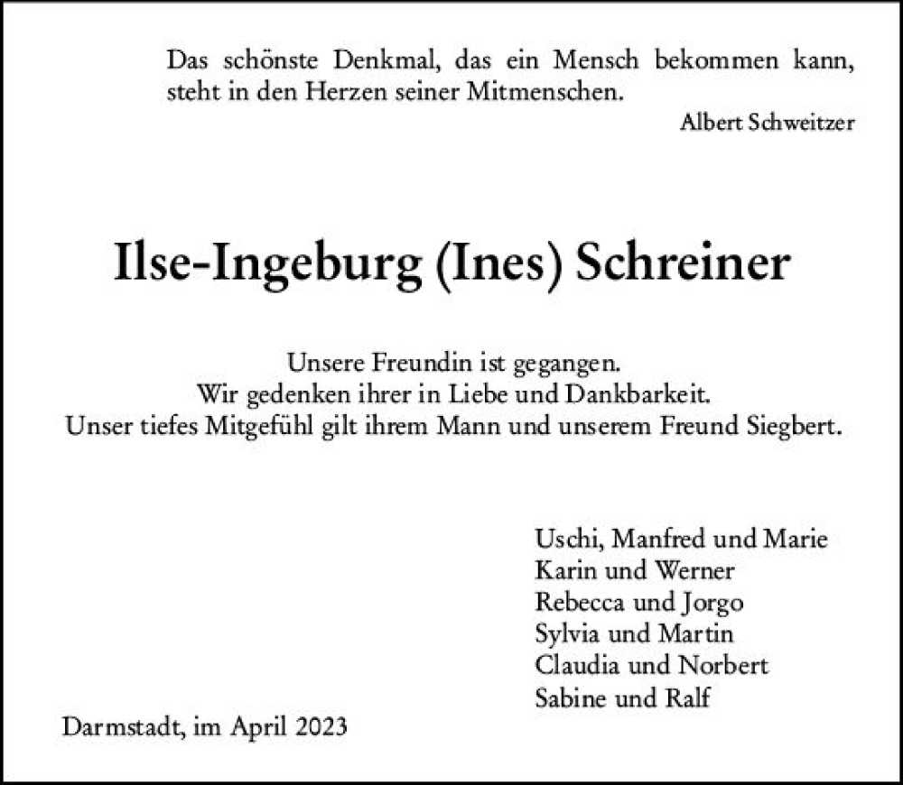  Traueranzeige für Ilse-Ingeburg Schreiner vom 08.04.2023 aus Darmstädter Echo