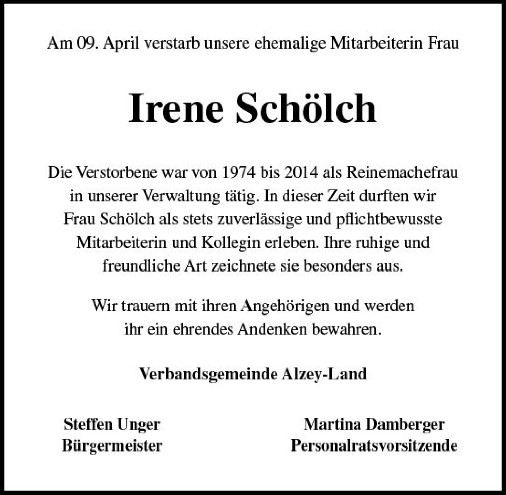  Traueranzeige für Irene Schölch vom 28.04.2023 aus Allgemeine Zeitung Alzey