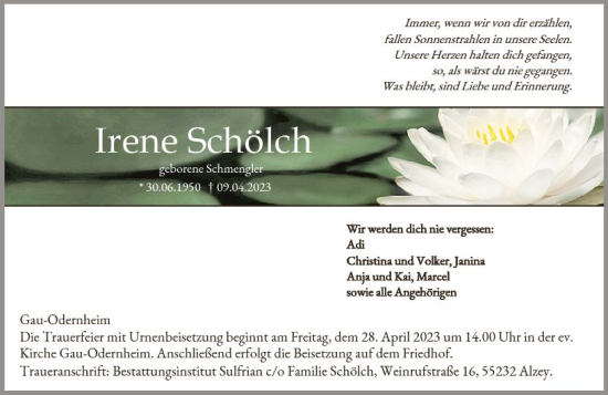 Traueranzeige von Irene Schölch von Allgemeine Zeitung Alzey