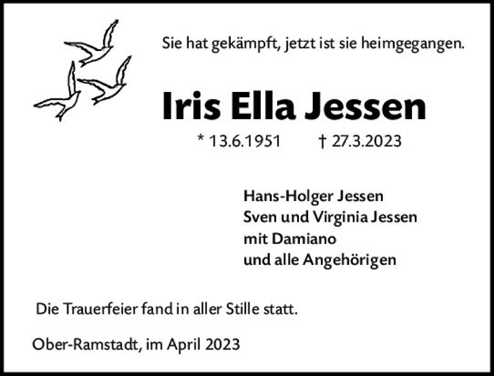  Traueranzeige für Iris Ella Jessen vom 15.04.2023 aus Darmstädter Echo