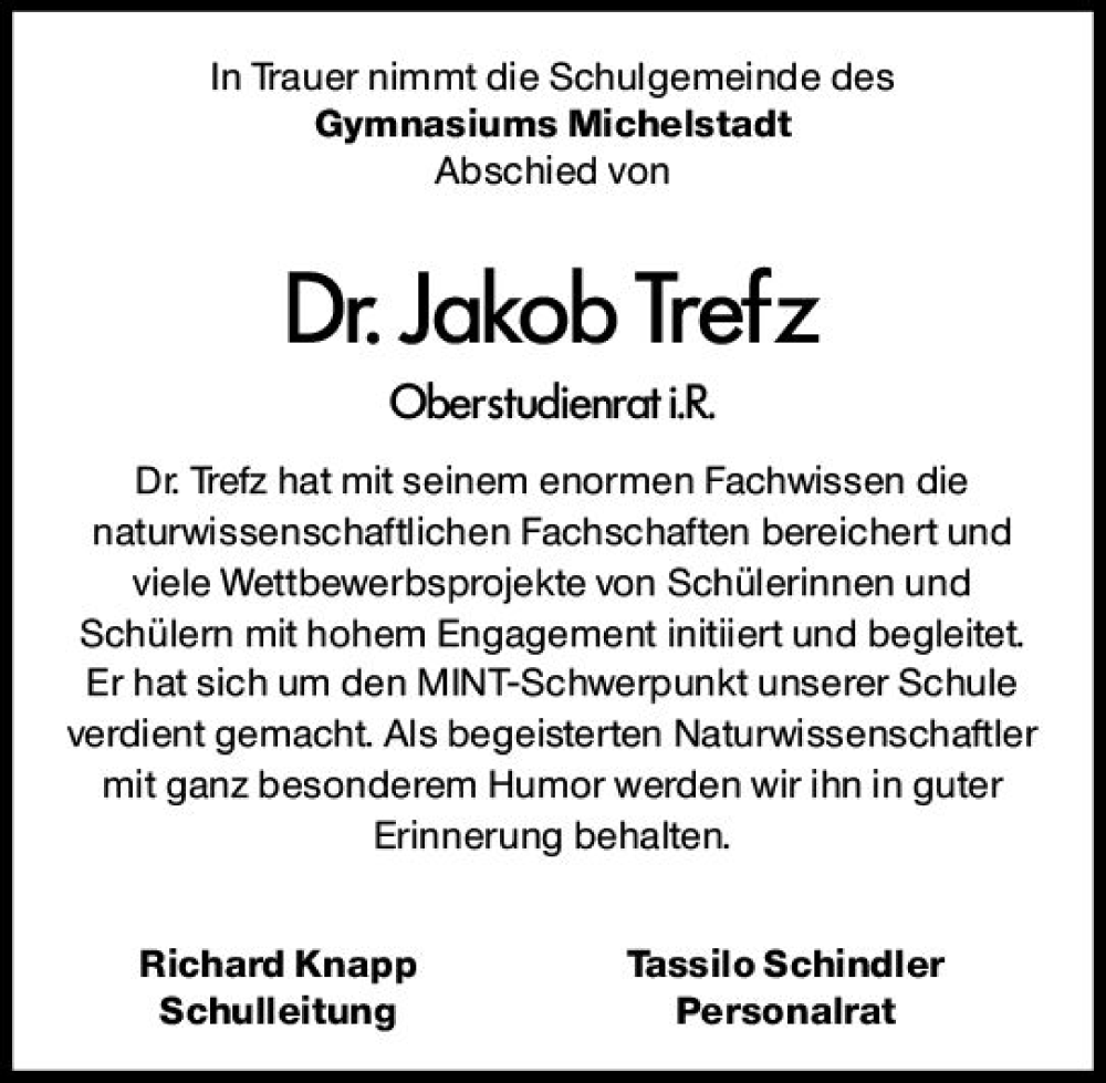  Traueranzeige für Jakob Trefz vom 22.04.2023 aus Odenwälder Echo