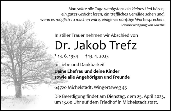 Traueranzeige von Jakob Trefz von Odenwälder Echo