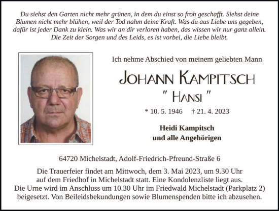 Traueranzeige von Johann Kampitsch von Odenwälder Echo