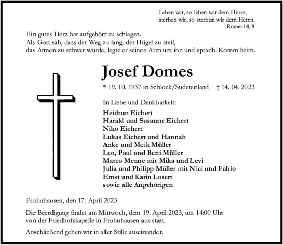 Traueranzeige von Josef Domes von Dill Block