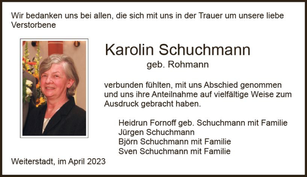  Traueranzeige für Karolin Schuchmann vom 22.04.2023 aus Darmstädter Echo