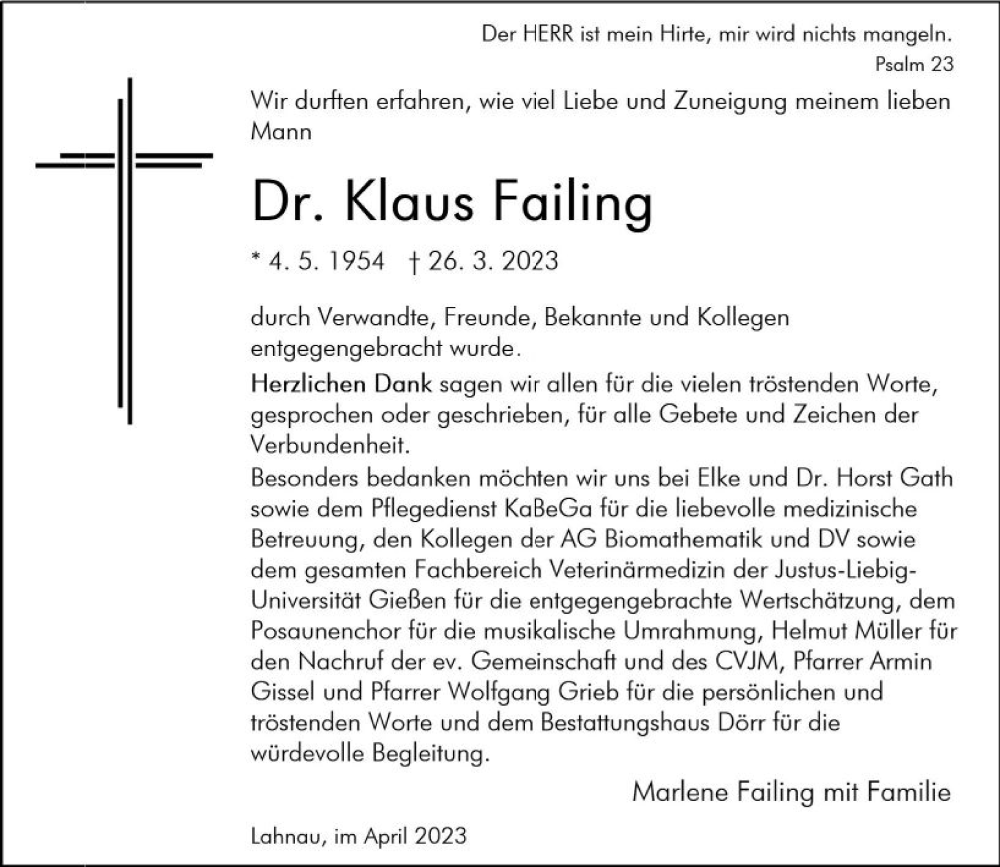  Traueranzeige für Klaus Failing vom 29.04.2023 aus Wetzlarer Neue Zeitung