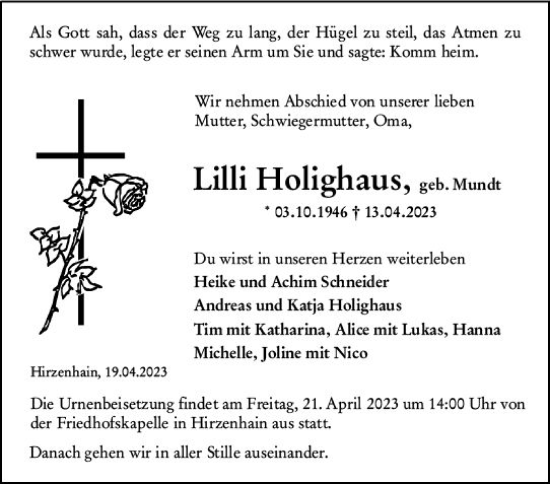 Traueranzeige von Lilli Holighaus von Dill Block