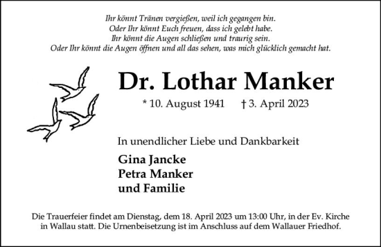 Traueranzeige von Lothar Manker von Wiesbadener Kurier