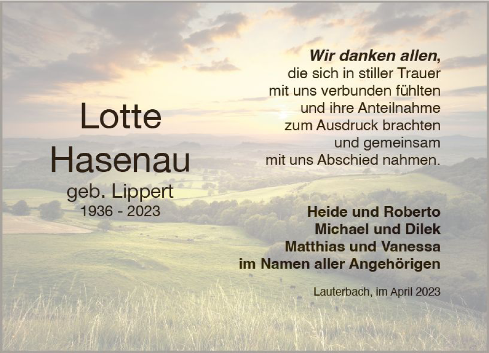  Traueranzeige für Lotte Hasenau vom 29.04.2023 aus Oberhessen Kurier