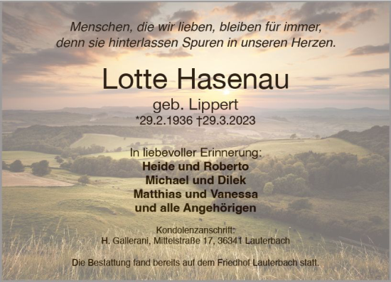 Traueranzeige von Lotte Hasenau von VRM Trauer