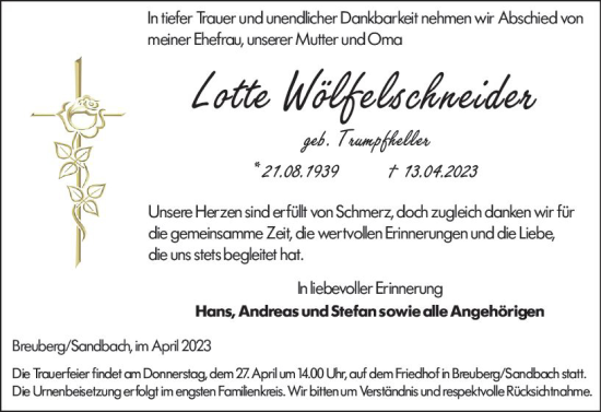Traueranzeige von Lotte Wölfelschneider von Odenwälder Echo