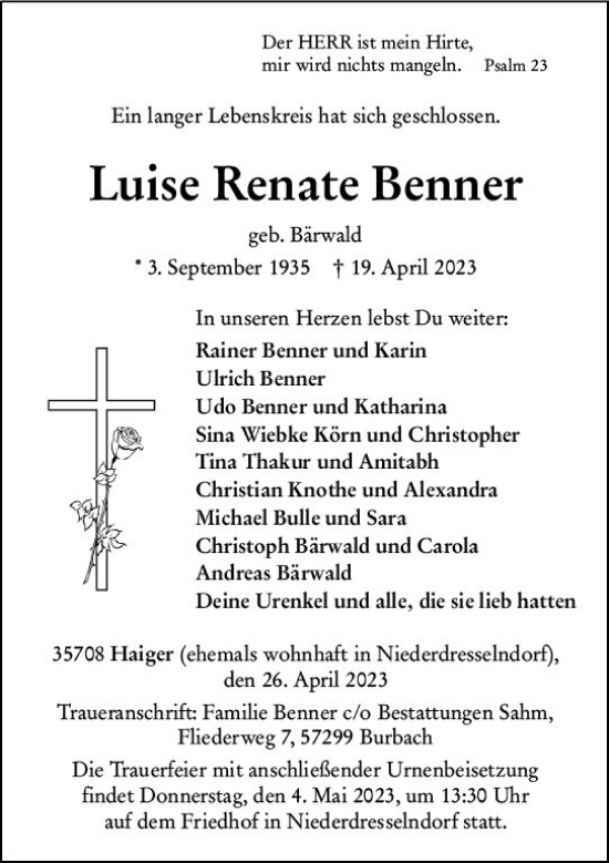 Traueranzeige von Luise Renate Benner von Dill Block