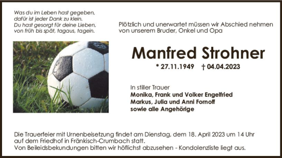 Traueranzeige von Manfred Strohner von Odenwälder Echo