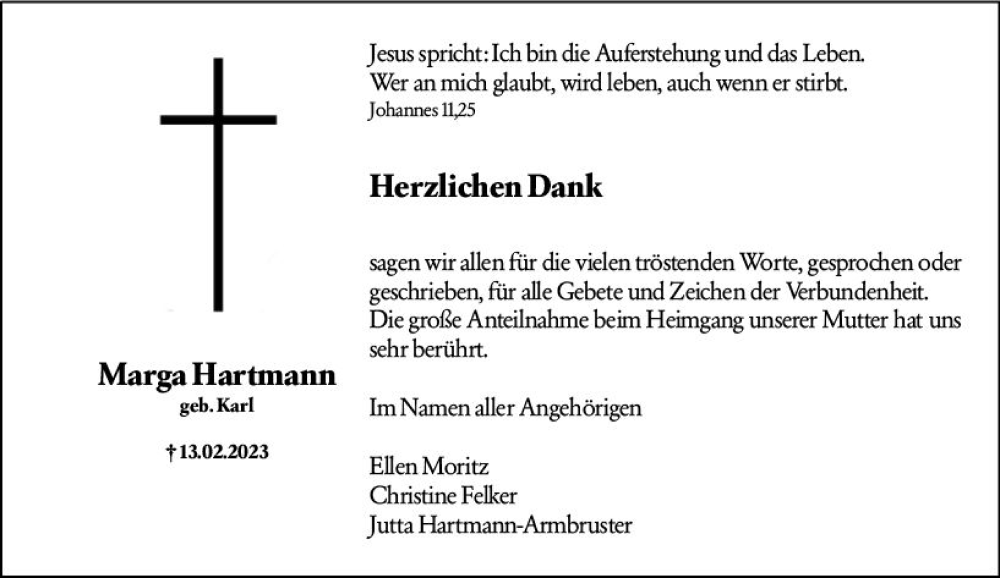  Traueranzeige für Marga Hartmann vom 15.04.2023 aus Wetzlarer Neue Zeitung