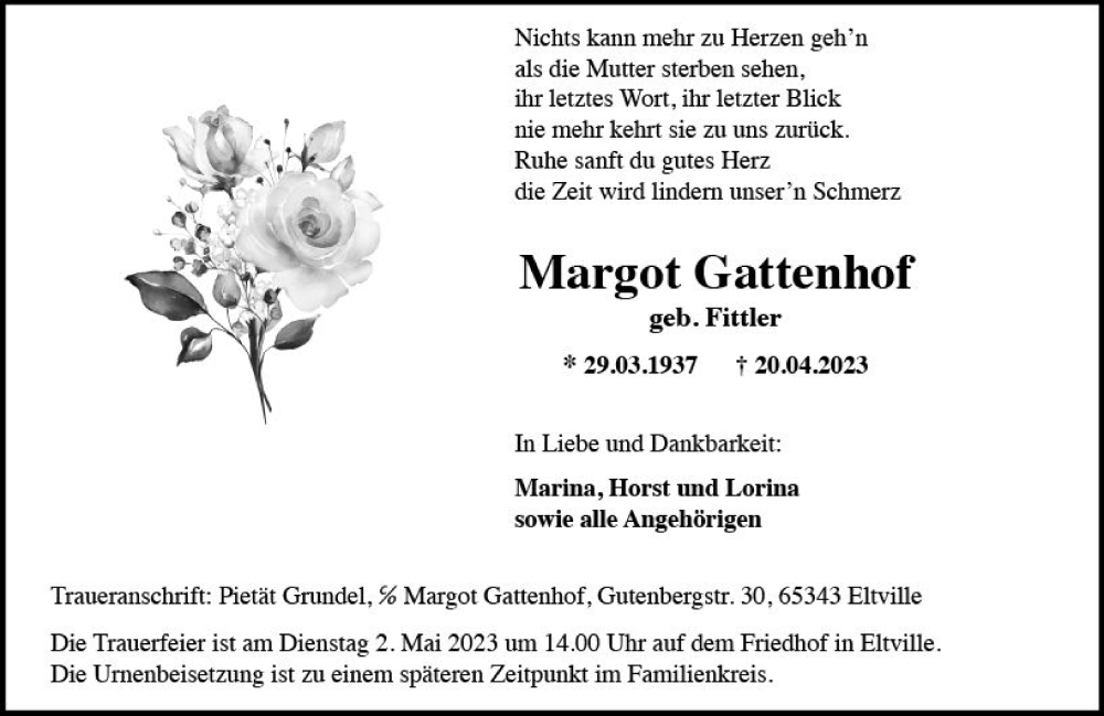  Traueranzeige für Margot Gattenhof vom 29.04.2023 aus Rheingau Kurier