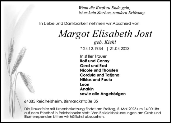 Traueranzeige von Margot Elisabeth Jost von Odenwälder Echo