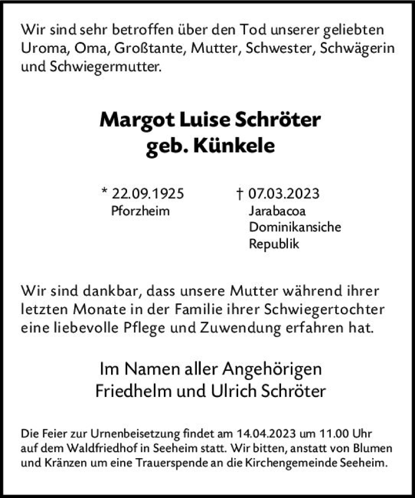  Traueranzeige für Margot Luise Schröter vom 12.04.2023 aus Darmstädter Echo